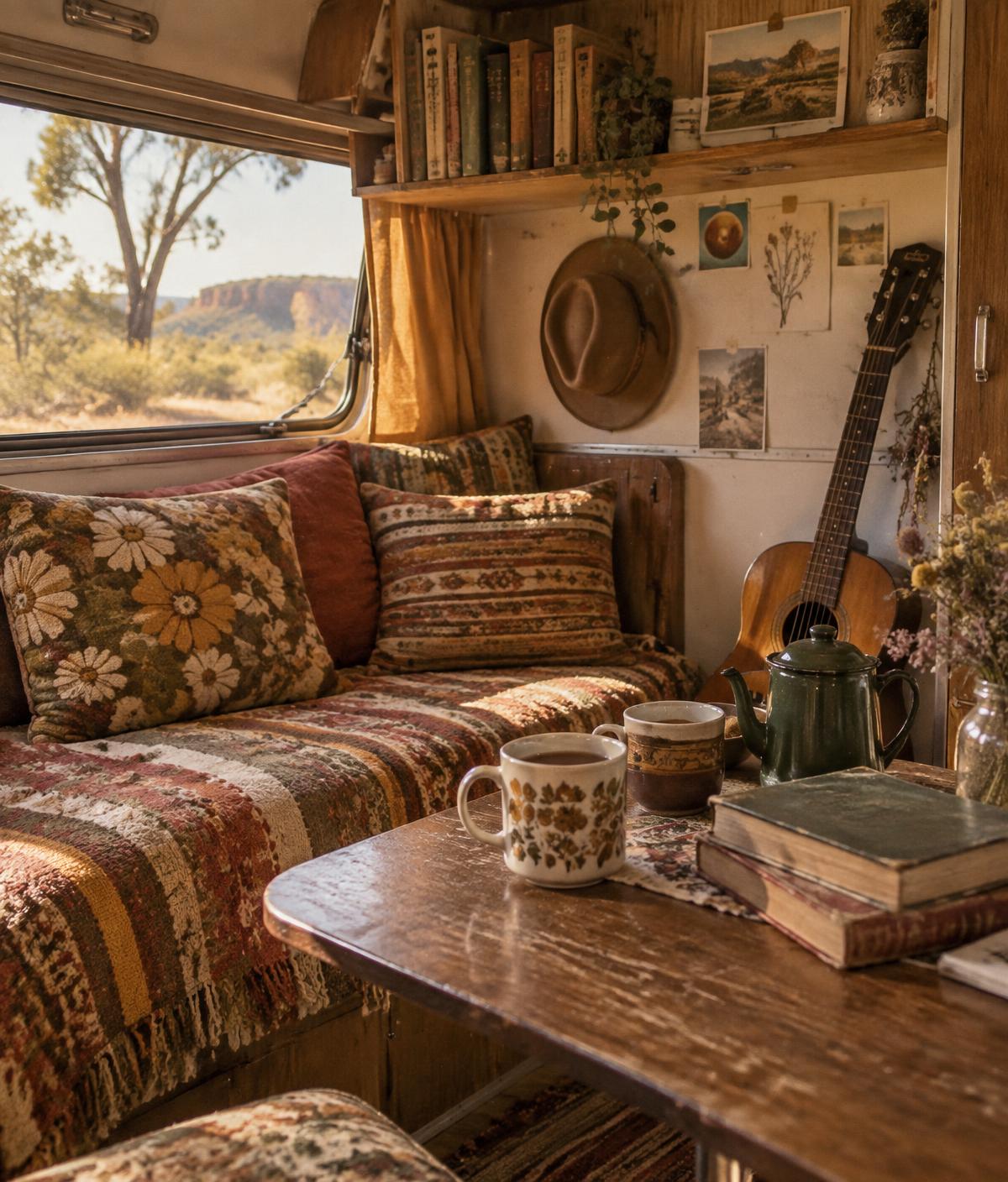 The cosy caravan interior with books, tea and a guitar